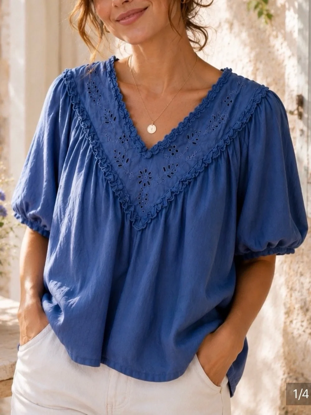 Old Navy Blue Top Embroidered Top Cotton Blouse S